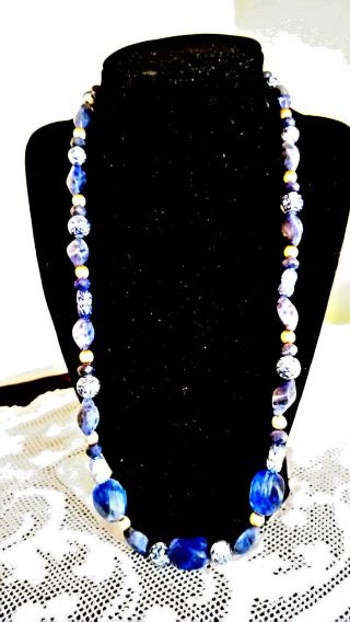 Vintage CHINESE BLUE AND WHITE PORCELAIN BEAD SAPPHIRES/AGATES NECKLACE 2