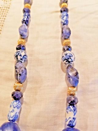 Vintage CHINESE BLUE AND WHITE PORCELAIN BEAD SAPPHIRES/AGATES NECKLACE 3