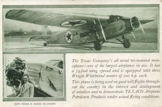 Capt Frank Hawks Texas Co Wright Motors Texaco Airplane Petroleum Ad Postcard