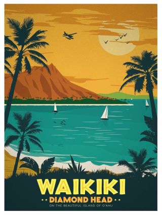 Hawaii Waikiki Vintage Painting Art Travel Poster Print For Glass Frame 90cm