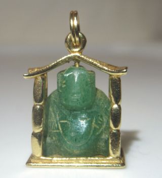 Fine Vintage Hand Carved Jade Buddha Pendant With 14k Pagoda Framework Look Nr