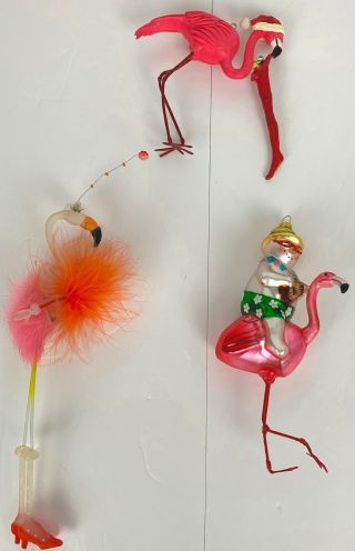 3 Gaudy Flamingo Ornaments Christmas Feathers Glass Plastic Stocking Snowman
