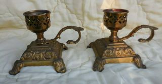 Pair Ornate Vintage Brass Finger Loop Chamber Stick Candle Holder Hurricane Lamp
