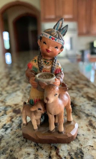 Anri Italy Figurine 3 " Ferrandiz Wood Carved Indian Native American Girl Deer