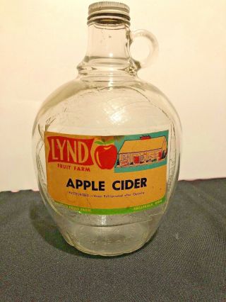 Vintage Lynd Fruit Farm One Half Gallon Apple Cider Glass Jug W/ Handle And Lid