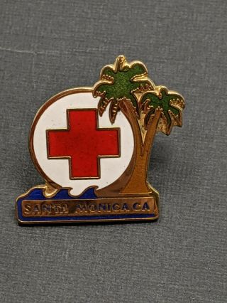 Vintage American Red Cross Pin Santa Monica California Ca Palm Trees & Ocean