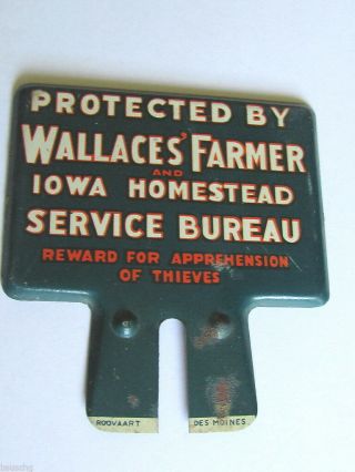 Vtg Metal Car License Topper Sign Wallaces Farmer Iowa Service Bureau Roovaart