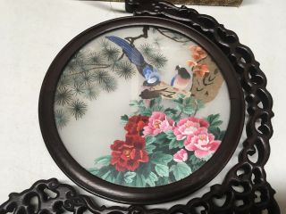 Chinese 2 Sided Silk Hand Embroidered Birds In Glass & Wood Frame With Decor Box