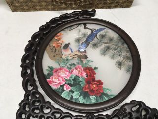 Chinese 2 Sided Silk Hand Embroidered Birds In Glass & Wood Frame With Decor Box 2
