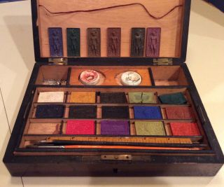 Vintage Water Color Paint Set In Wood Box - Watercolor