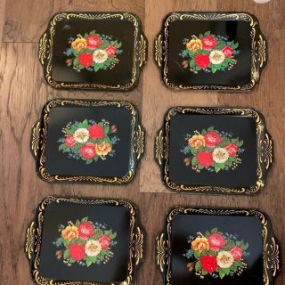 Set Of 6 Vintage Tin Litho Tip Trays Rose Floral Pattern Red,  Black