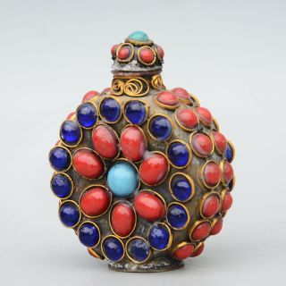 Collectable China Old Bronze Inlay Agate Carve Royal Noble Delicate Snuff Bottle 3