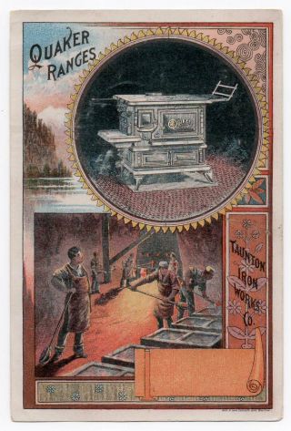 Quaker Portable Range Victorian Trade Card Men At Taunton Iron