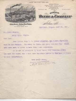 1900 Letterhead & Letter From John Deere & Company Moline Illinois