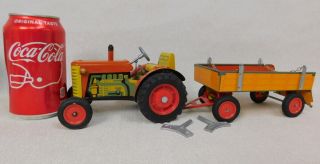 Vintage MIB Schylling Tin Litho Zetor Clockwork Wind up Farm Tractor w Trailer 2