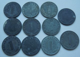 Third Reich 1 Reichspfening 1940 - 43 A,  B,  D,  J,  E (11 Coins),