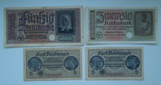 Germany 5,  20,  50 Reichsmark Ww2 1940 - 45 (4 Banknoten).