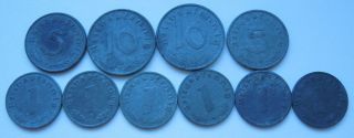 Third Reich 1,  5,  10 Reichspfening 1940 - 43 A,  E (10 Coins),