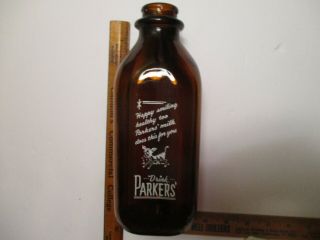 Vtg Amber Milk Bottle,  Parkers Nichols Conn.  Connecticut Dairy Btl.  Pyro
