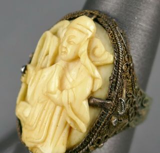 Fine Antique Chinese Carved Panel Scholar Drinking Wine Filigree Ring 3
