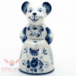 Gzhel Lady Mice Mouse Rat In Dress Porcelain Figurine Souvenir Handmade