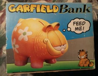 Vintage 1997 Garfield Ceramic Large Piggy Bank With Flowers By Paws Nos