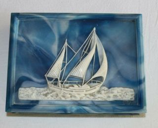 Vintage Large Incolay Blue Sailboat Jewelry Box