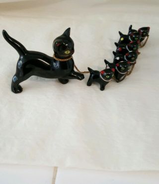 Redware Mother With 6 Kittens On Chain Made In Japan.  Vintage