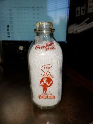 Vintage Milk Bottle Quart - Graybills Dairy Buttermilk Slender Pinup Woman