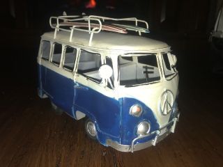 Vintage Vw Volkswagen Van Bus Tin Metal With Surfboards Home Decorative Blue