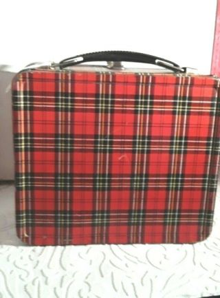 Vintage 1960 ' s Aladdin Industries RED PLAID METAL LUNCH BOX and THERMOS 2