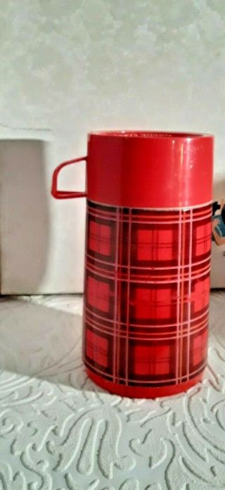Vintage 1960 ' s Aladdin Industries RED PLAID METAL LUNCH BOX and THERMOS 3