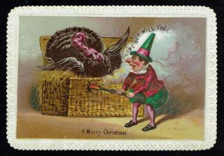 Goodall Victorian Christmas Greetings Card Turkey Getting Smoked Out Of Basket