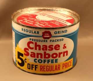 Vintage 1950s Chase And Sanborn Nos Full 1 - Pound Coffee Can With Key & Slip Lid