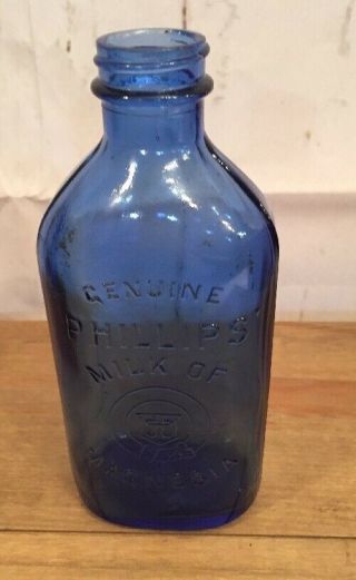 Vintage Cobalt Blue Phillips Milk Of Magnesia Bottle.  7x3.  (c30)
