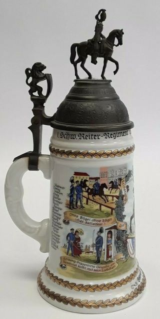 Vintage Stuggart German Regimental Lidded Lithopane Beer Stein