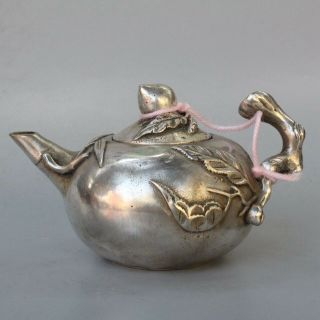 Collectable Handwork Tibet Old Miao Silver Carve Peach Shape Art Ancient Teapot