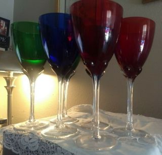 Vintage Large 10” Multi Colored Wine Glasses Set Of 6 Art Deco Red/green/blue