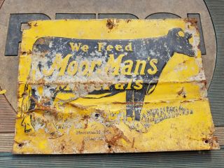 1930s Vintage Moormans Feed Store Embossed Old Tin Sign Farm Cow Cattle Beef