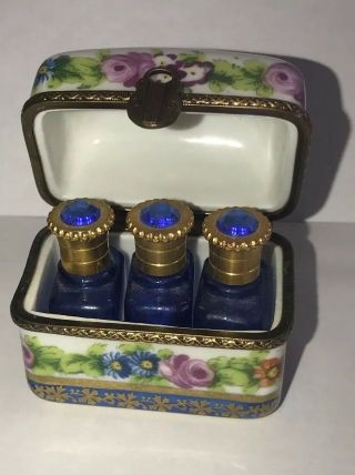 Limoges France Perfume Bottle Lock Hinged Trinket Box Marque Depose Hand - Painted