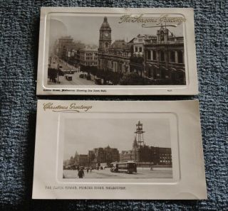 C1909 2 X Real Photo Cards Collins St Melbourne & The Clock Tower Princes River