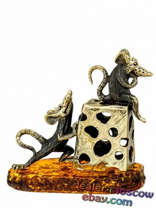 Bronze Solid Brass Baltic Amber Humor Figurine Rats - Theft Of Cheese Ironwork