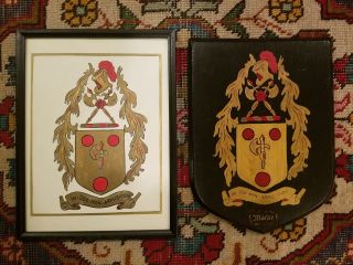 Antique Hand Painted Wooden Morse Coat Of Arms Plaque & Vintage Framed Picture