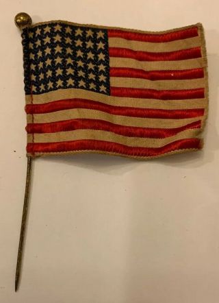 Old Antique Vtg 19th C 1920s Small 48 Star Silk Flag Pin 1.  5 X 2 "