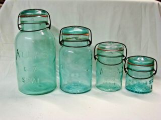 Vintage 4 Jar Set Blue / Green Atlas E - Z Seal Jars W/ Glass Lids And Wire Bails