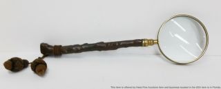 Antique Victorian Lg Brass Magnifying Glass Twig Handle Adirondack Aesthetic