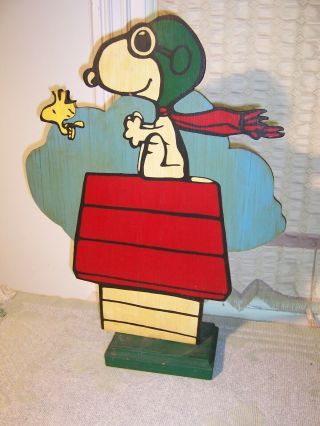 Vintage Snoopy Red Baron Woodstock Hand Painted Folk Art Wood Cut Out Signed