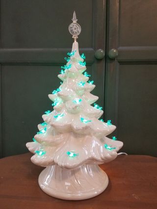 Vintage White Lighted Ceramic Christmas Tree 16.  5 " Blue Birds Clear Star