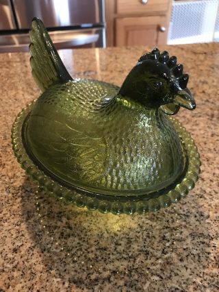 Vintage Green Glass Chicken Bowl/lid