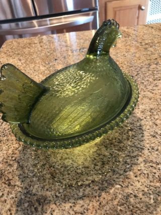 Vintage Green Glass Chicken Bowl/Lid 2